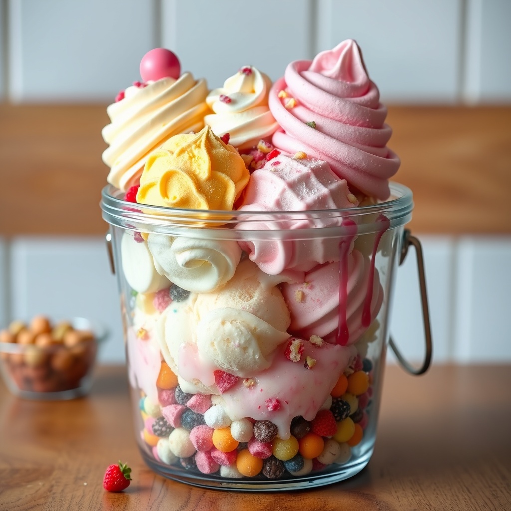a glass bucket with every kind of sweets inside